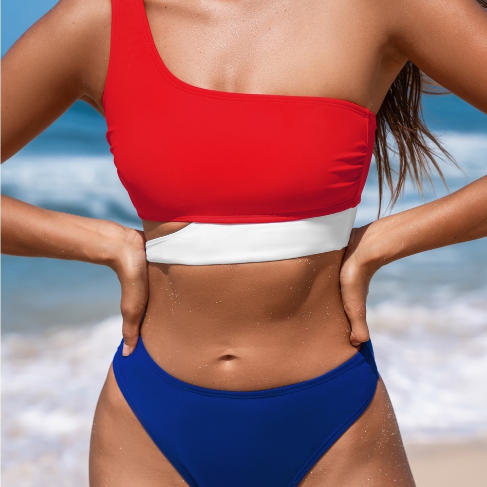 Stylish Red, White, and Blue One-Shoulder Bikini